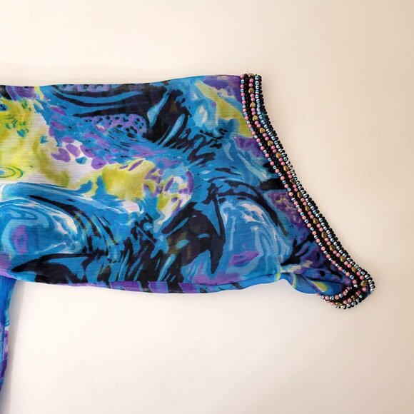 Beaded Goddess Sheer Peacock Blue Floral Swim Cover Up with Beading - Picture 4 of 6